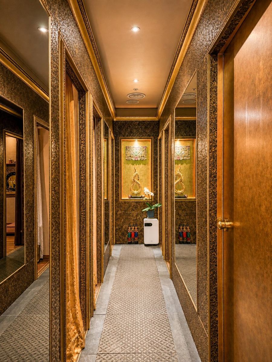 Gold-panelled corridor lined with private treatment room doors at Palm Thai Massage Haeundae